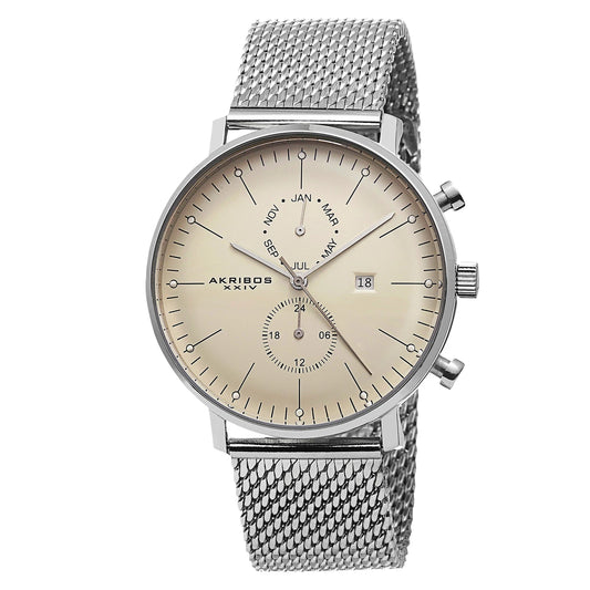 Akribos XXIV Stainless Steel Case on Silver Bracelet, Beige Dial with Silver Tone Hands