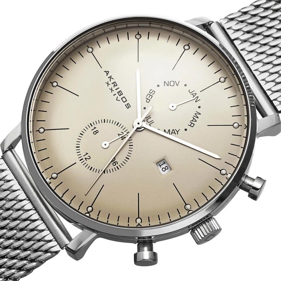Akribos XXIV Stainless Steel Case on Silver Bracelet, Beige Dial with Silver Tone Hands