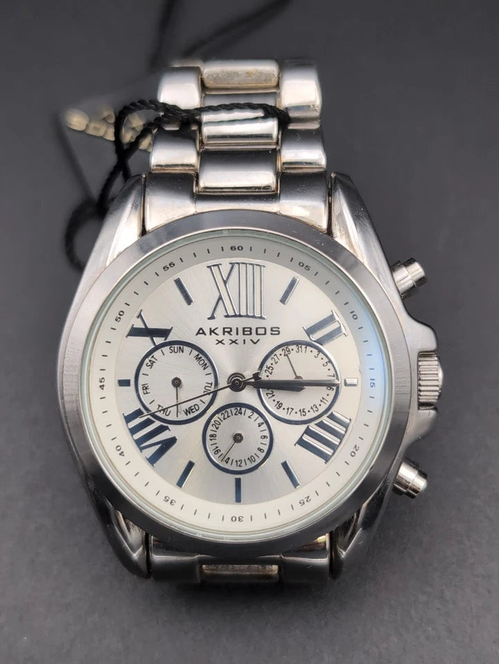 Akribos XXIV Silver Flashed Alloy Case on Silver Bracelet, Silver Dial with Silver Tone Hands