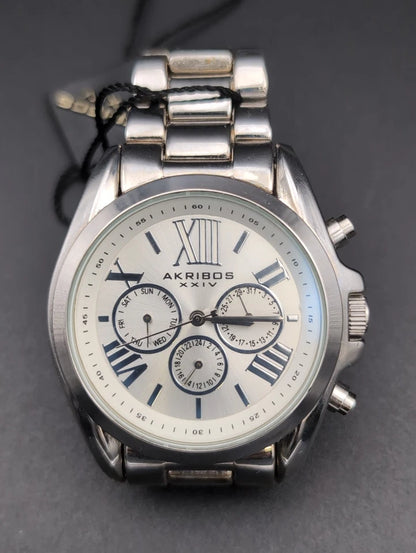 Akribos XXIV Silver Flashed Alloy Case on Silver Bracelet, Silver Dial with Silver Tone Hands