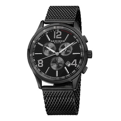 Akribos XXIV Black Ion Plated Stainless Steel Case on Black Bracelet, Black Dial with Silver Tone Hands