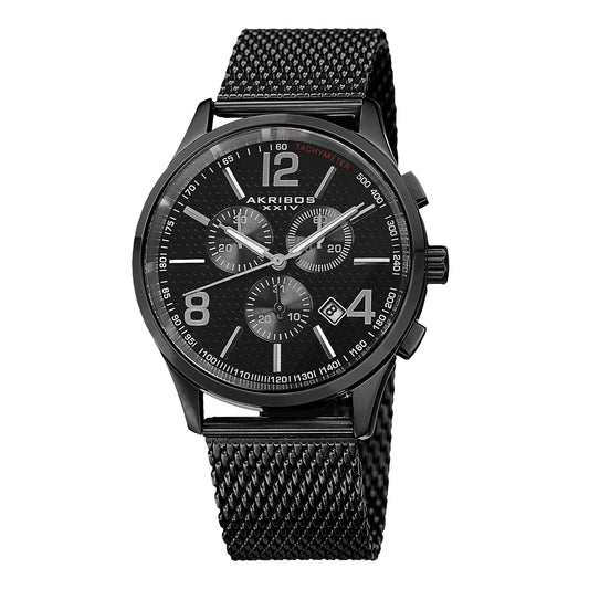 Akribos XXIV Black Ion Plated Stainless Steel Case on Black Bracelet, Black Dial with Silver Tone Hands