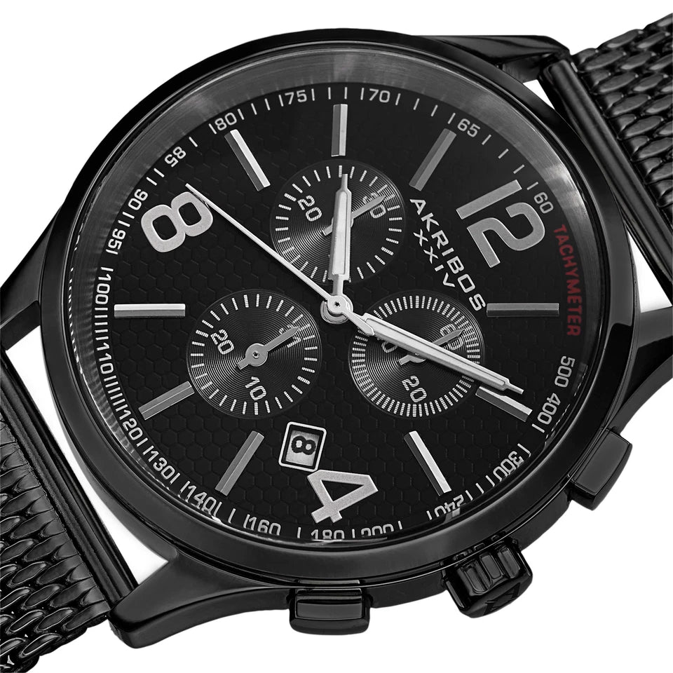 Akribos XXIV Black Ion Plated Stainless Steel Case on Black Bracelet, Black Dial with Silver Tone Hands