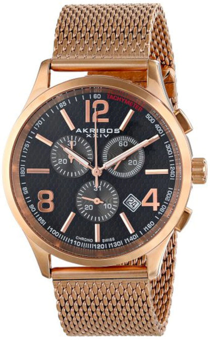 Akribos XXIV Rose Gold Ion Plated Stainless Steel Case on Rose Gold Bracelet, Black Dial with Rose Gold Tone Hands