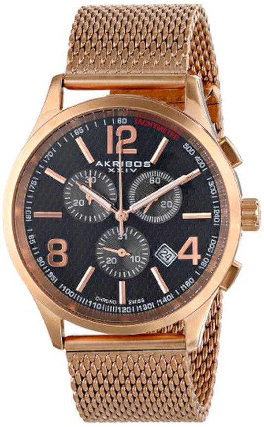 Akribos XXIV Rose Gold Ion Plated Stainless Steel Case on Rose Gold Bracelet, Black Dial with Rose Gold Tone Hands