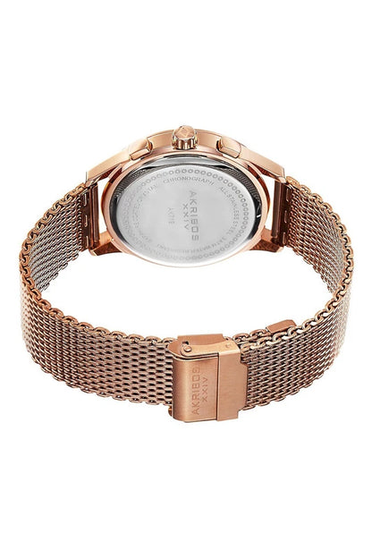 Akribos XXIV Rose Gold Ion Plated Stainless Steel Case on Rose Gold Bracelet, Black Dial with Rose Gold Tone Hands