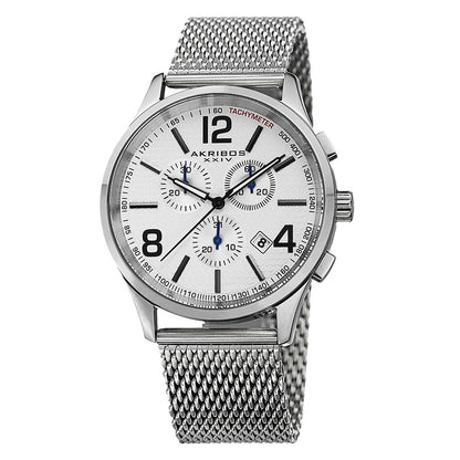Akribos XXIV Stainless Steel Case on Silver Bracelet, Silver Dial with Black Hands