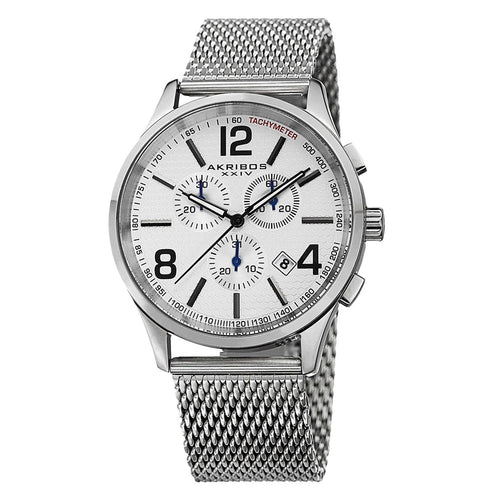 Akribos XXIV Stainless Steel Case on Silver Bracelet, Silver Dial with Black Hands