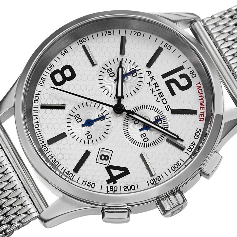 Akribos XXIV Stainless Steel Case on Silver Bracelet, Silver Dial with Black Hands