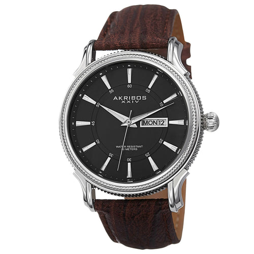 Akribos XXIV Stainless Steel Case on Brown Embossed Leather Strap, Dark Gray Dial with Silver Tone Hands