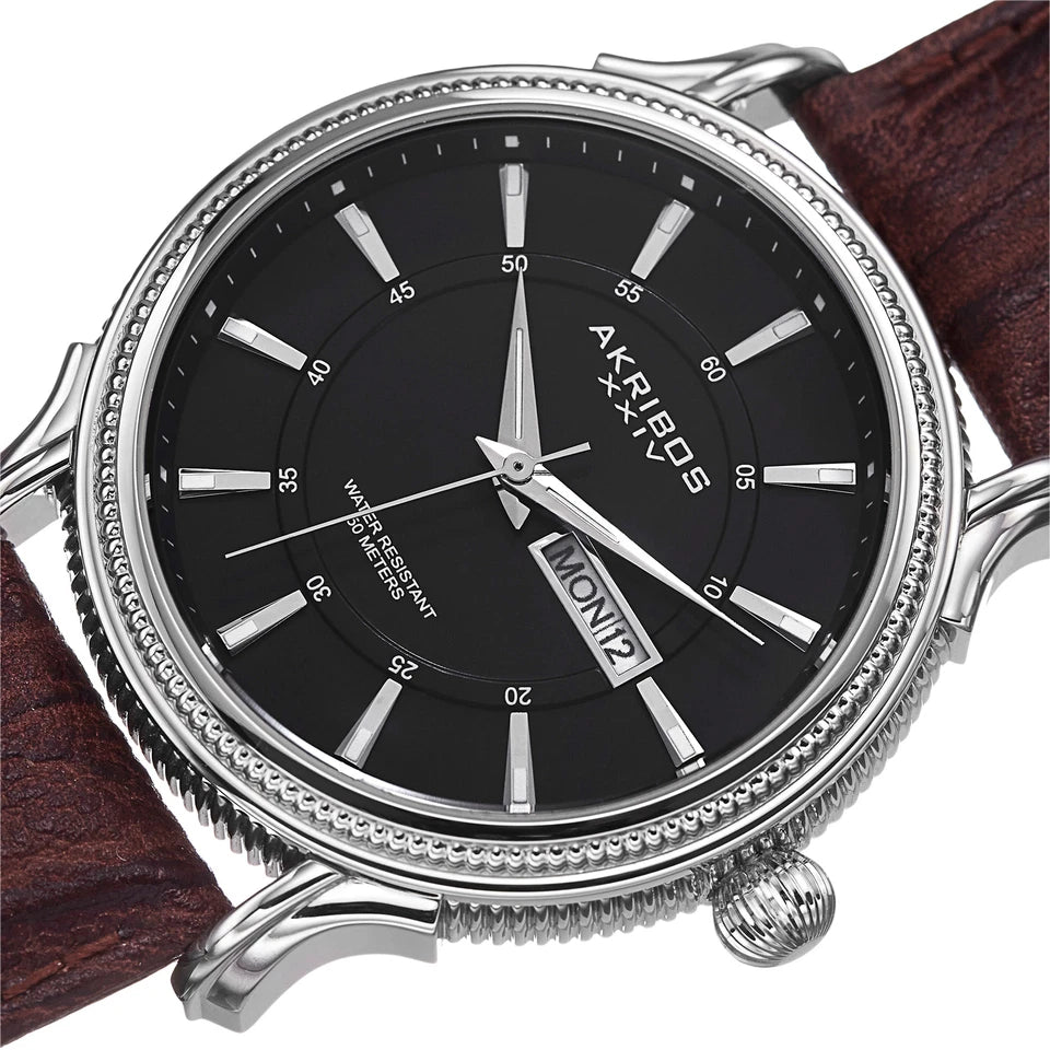 Akribos XXIV Stainless Steel Case on Brown Embossed Leather Strap, Dark Gray Dial with Silver Tone Hands