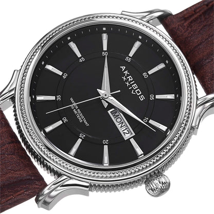 Akribos XXIV Stainless Steel Case on Brown Embossed Leather Strap, Dark Gray Dial with Silver Tone Hands