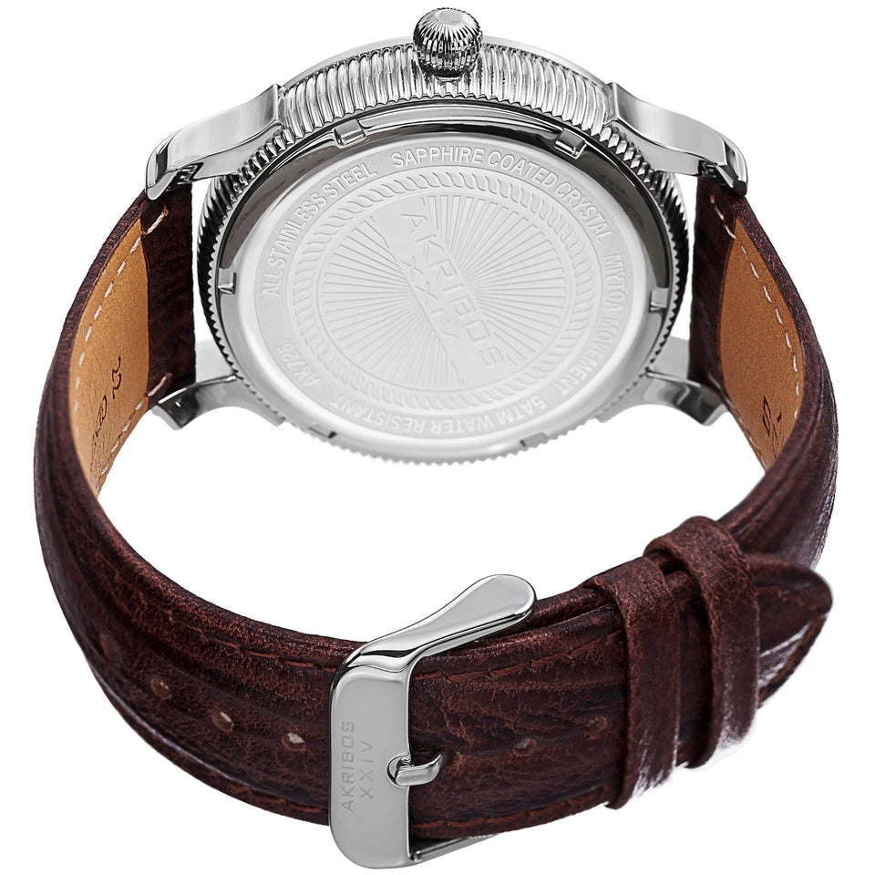 Akribos XXIV Stainless Steel Case on Brown Embossed Leather Strap, Dark Gray Dial with Silver Tone Hands