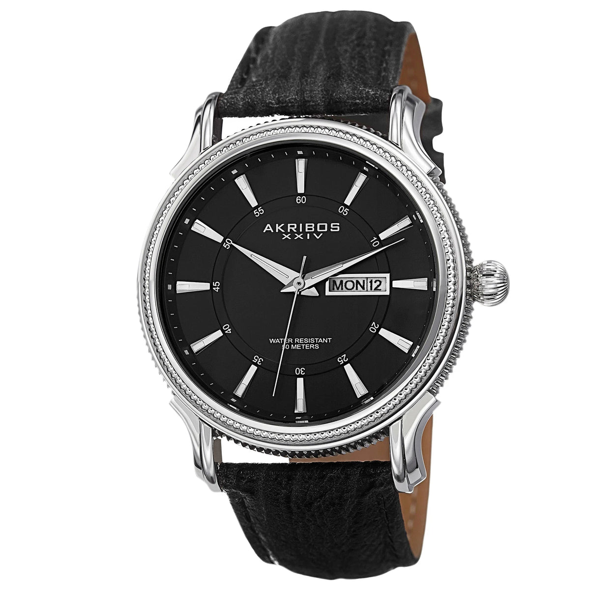 Akribos XXIV Stainless Steel Case on Black Embossed Leather Strap, Black Dial with Silver Tone Hands