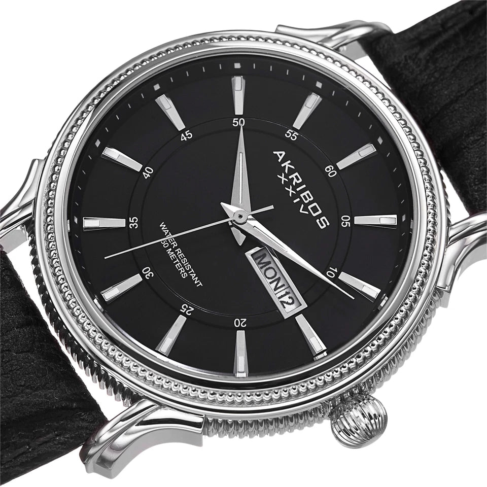 Akribos XXIV Stainless Steel Case on Black Embossed Leather Strap, Black Dial with Silver Tone Hands
