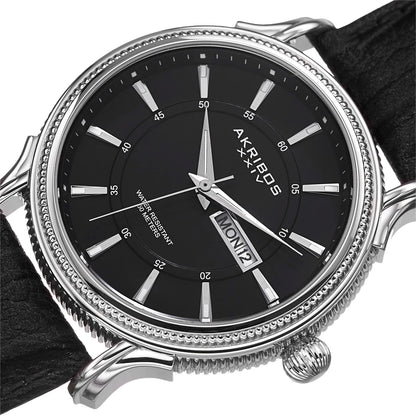 Akribos XXIV Stainless Steel Case on Black Embossed Leather Strap, Black Dial with Silver Tone Hands