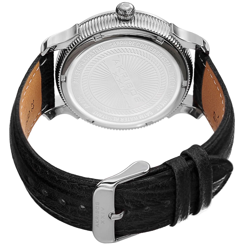 Akribos XXIV Stainless Steel Case on Black Embossed Leather Strap, Black Dial with Silver Tone Hands