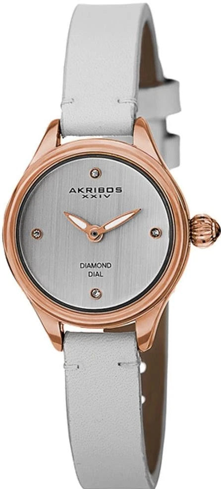 Akribos XXIV Rose Gold Ion Plated Alloy Case on White Strap, Silver Dial with Rose Gold Tone Hands