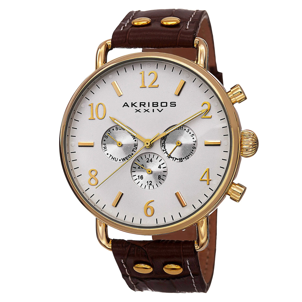 Akribos XXIV Yellow Gold Flashed Alloy Case on Brown with White Stitching Strap, Cream Dial with Gold Tone Hands