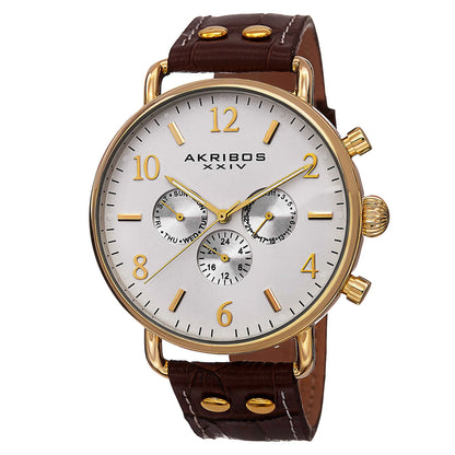 Akribos XXIV Yellow Gold Flashed Alloy Case on Brown with White Stitching Strap, Cream Dial with Gold Tone Hands