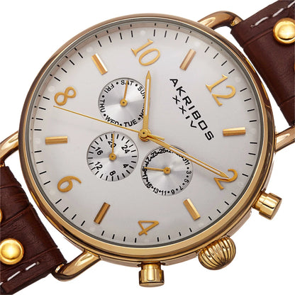 Akribos XXIV Yellow Gold Flashed Alloy Case on Brown with White Stitching Strap, Cream Dial with Gold Tone Hands