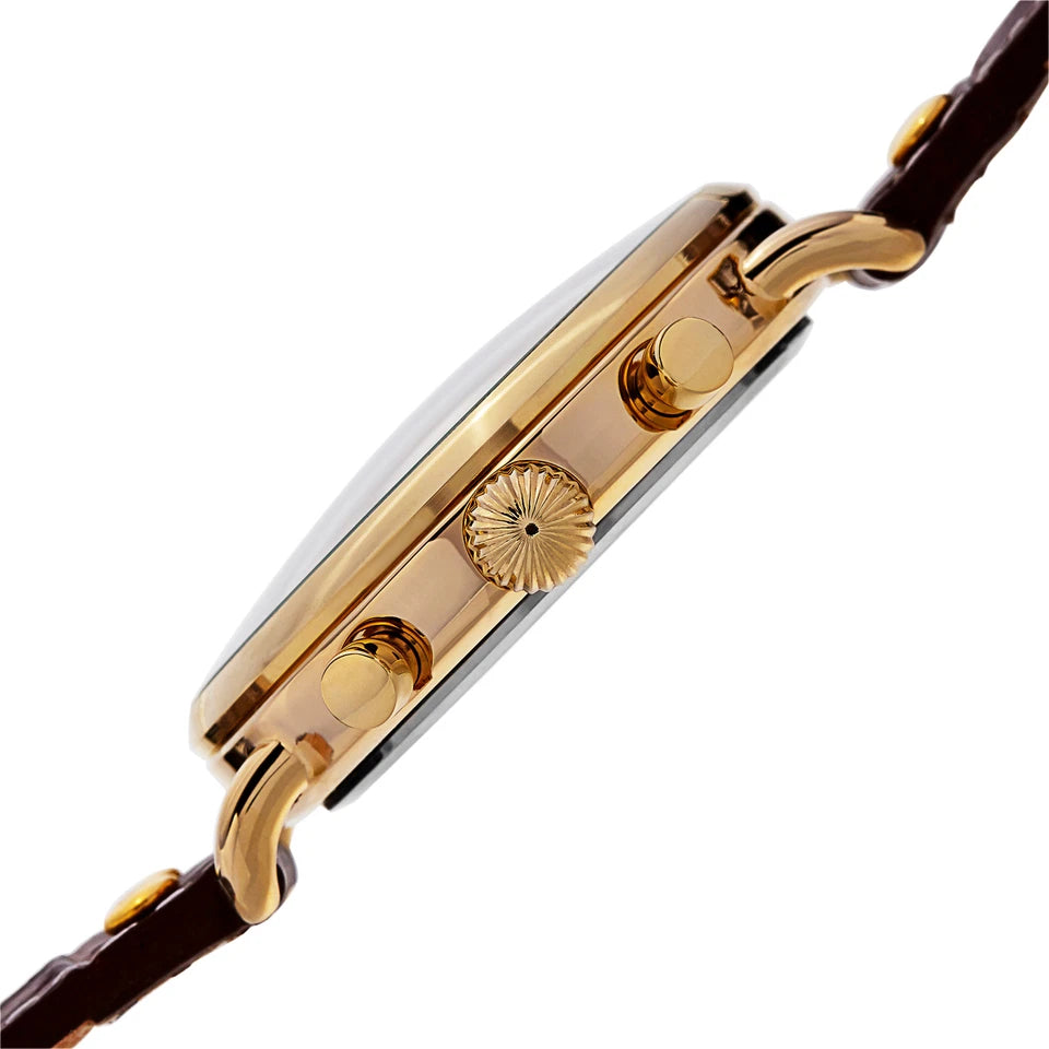 Akribos XXIV Yellow Gold Flashed Alloy Case on Brown with White Stitching Strap, Cream Dial with Gold Tone Hands