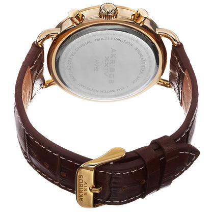 Akribos XXIV Yellow Gold Flashed Alloy Case on Brown with White Stitching Strap, Cream Dial with Gold Tone Hands