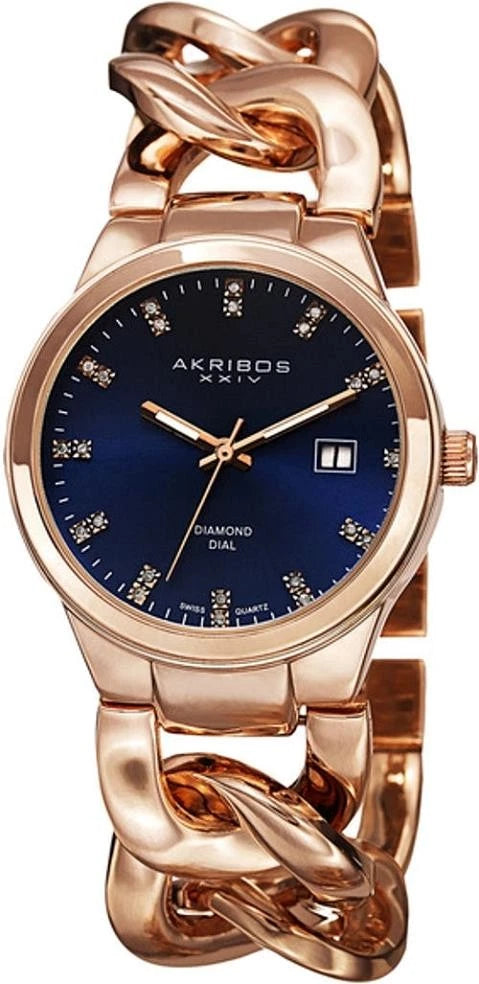 Akribos XXIV Rose Gold Flashed Alloy Case on Rose Gold Chain Style Bracelet, Royal Blue Dial with Rose Gold Tone Hands