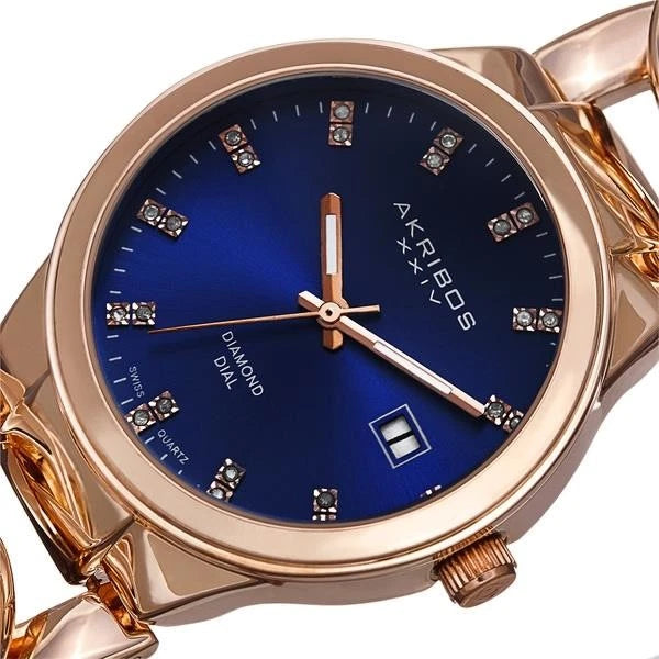 Akribos XXIV Rose Gold Flashed Alloy Case on Rose Gold Chain Style Bracelet, Royal Blue Dial with Rose Gold Tone Hands