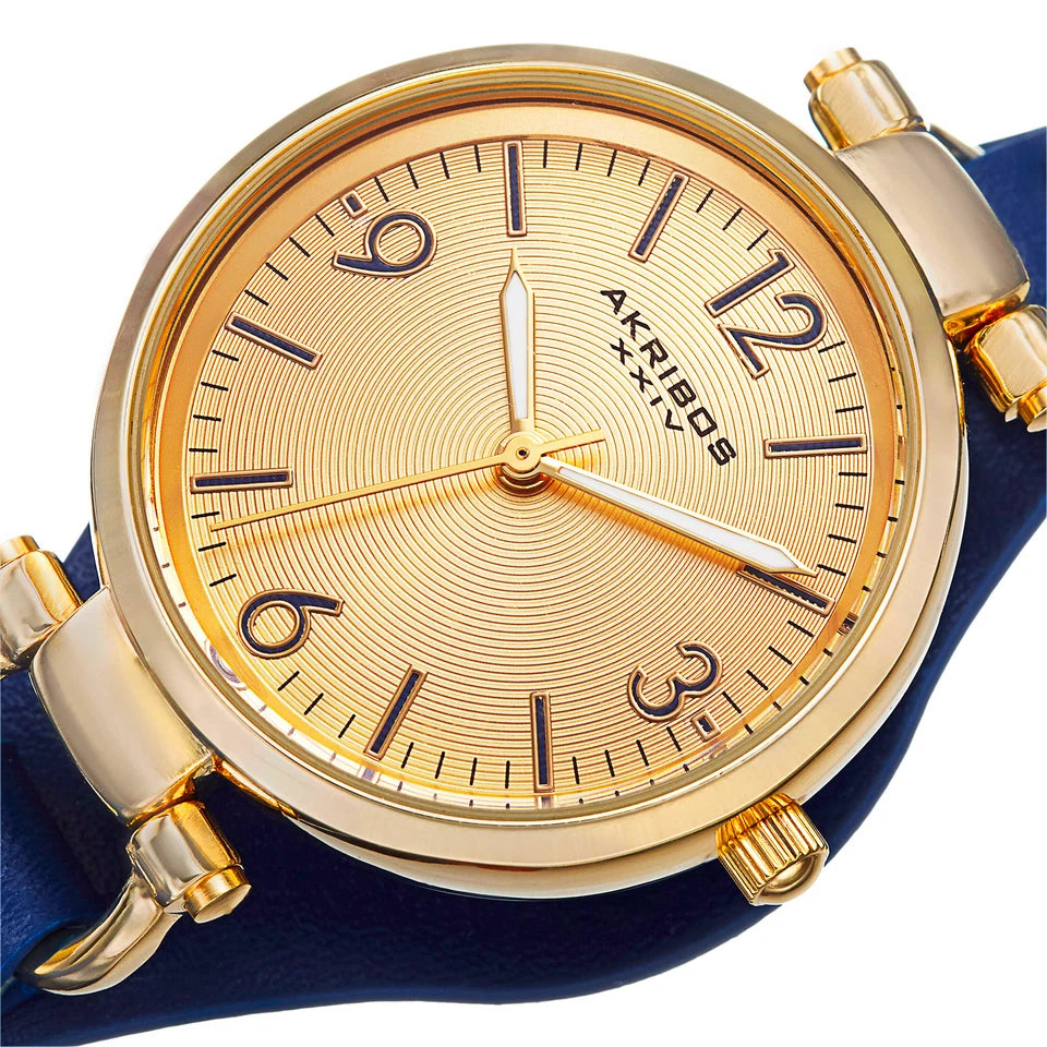 Akribos XXIV Yellow Gold Ion Plated Alloy Case on Blue Strap, Yellow Gold Dial with Gold Tone Hands