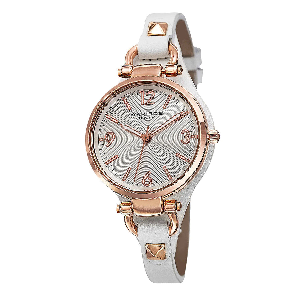 Akribos XXIV Rose Gold Ion Plated Alloy Case on White Strap, Silver Dial with Rose Gold Tone Hands