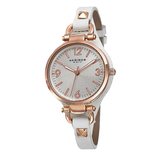 Akribos XXIV Rose Gold Ion Plated Alloy Case on White Strap, Silver Dial with Rose Gold Tone Hands
