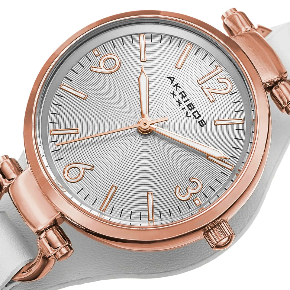 Akribos XXIV Rose Gold Ion Plated Alloy Case on White Strap, Silver Dial with Rose Gold Tone Hands