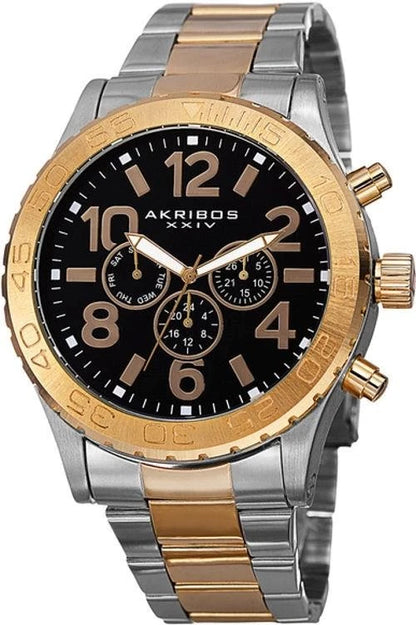 Akribos XXIV Two Tone Alloy Flashed Case on Two Tone Bracelet, Black Dial with Gold Tone Luminescent Hands