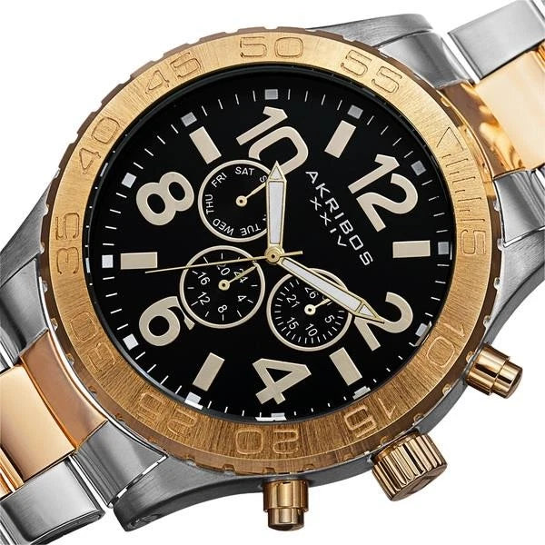 Akribos XXIV Two Tone Alloy Flashed Case on Two Tone Bracelet, Black Dial with Gold Tone Luminescent Hands