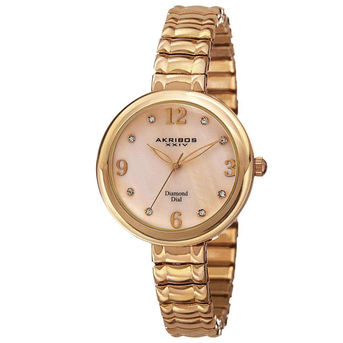 Akribos XXIV Yellow Gold Flashed Alloy Case on Yellow Gold Bracelet, White Mother of Pearl Dial with Gold Tone Hands