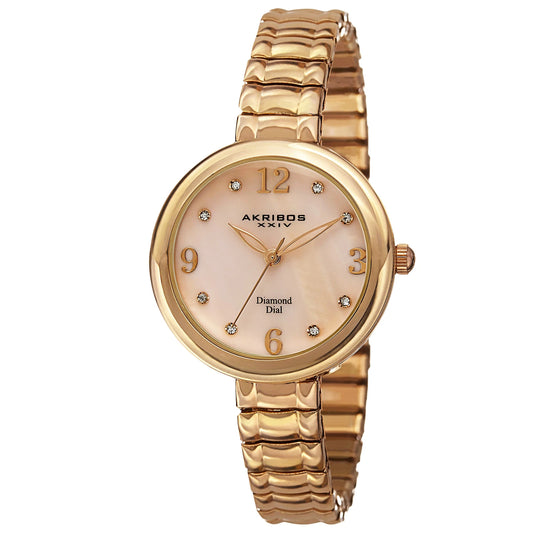 Akribos XXIV Yellow Gold Flashed Alloy Case on Yellow Gold Bracelet, White Mother of Pearl Dial with Gold Tone Hands