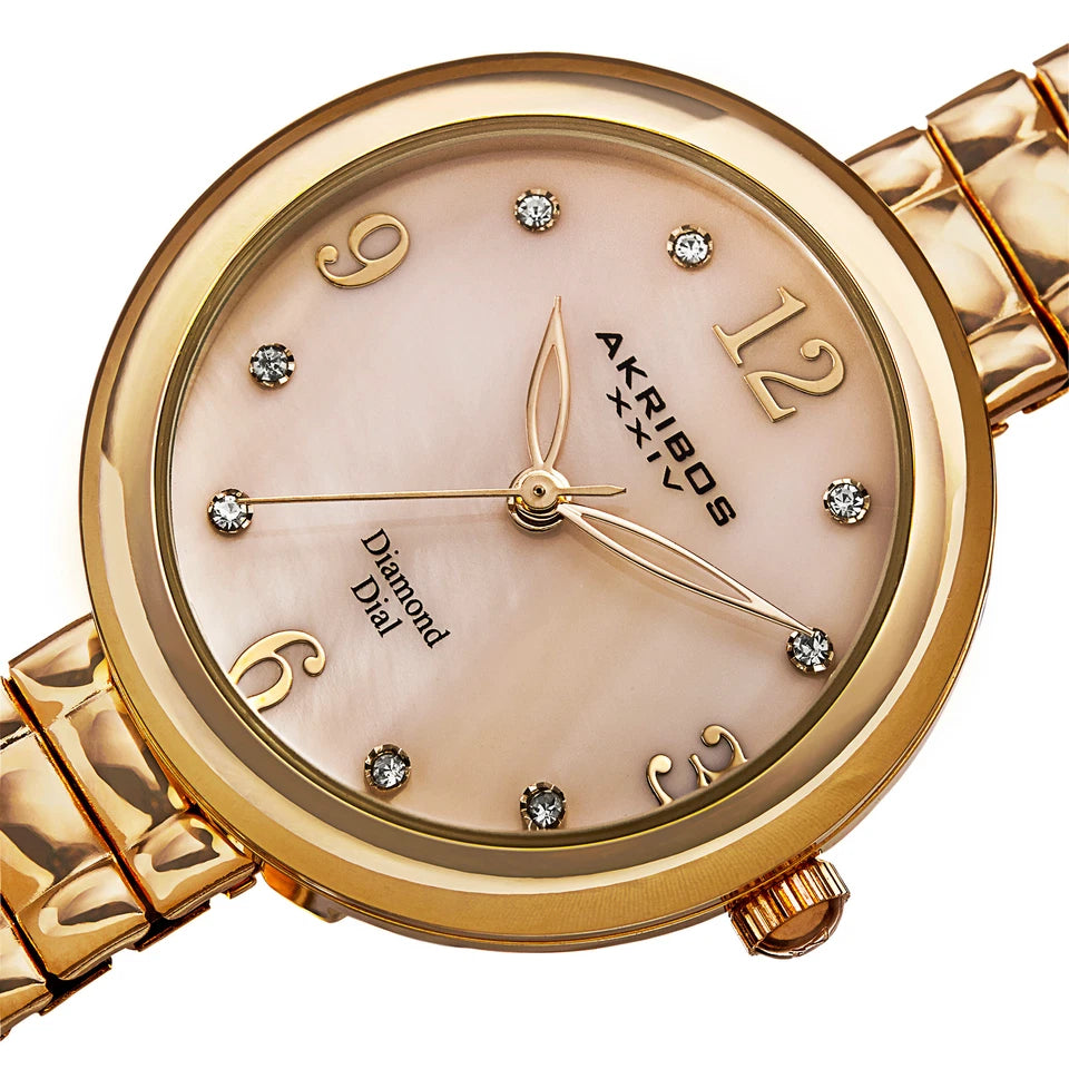 Akribos XXIV Yellow Gold Flashed Alloy Case on Yellow Gold Bracelet, White Mother of Pearl Dial with Gold Tone Hands