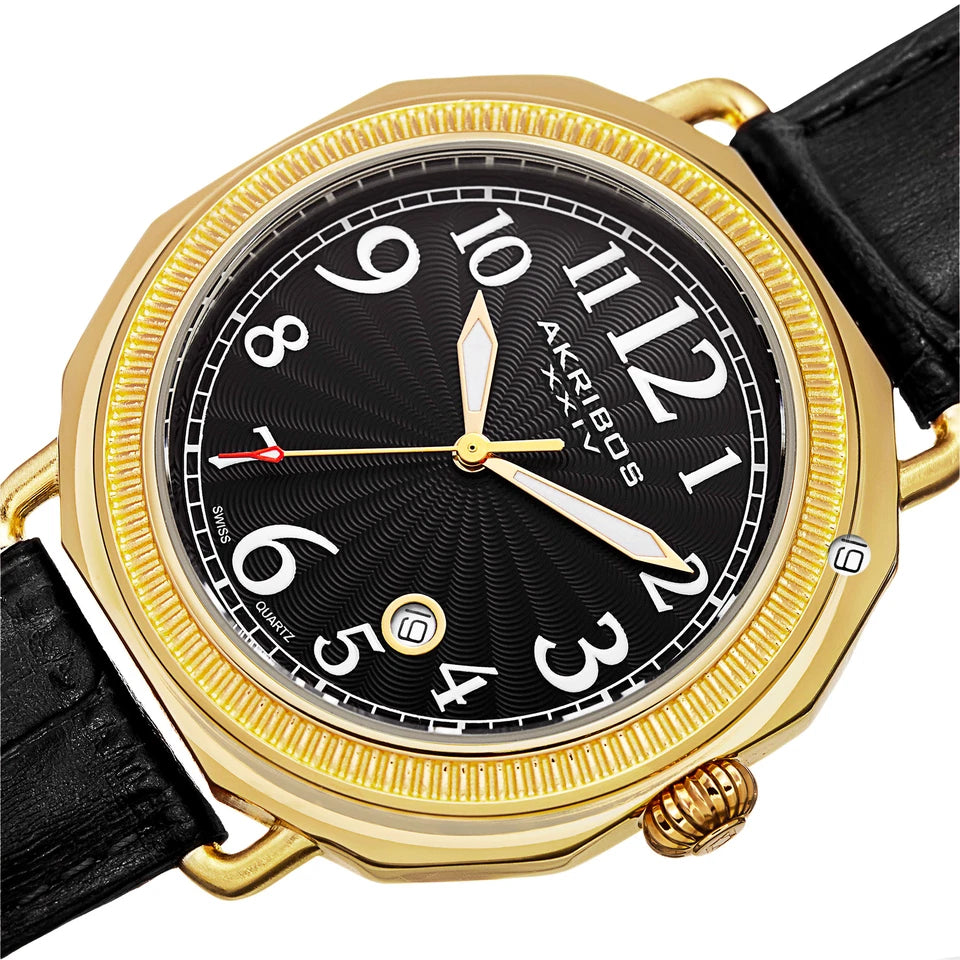 Akribos XXIV Yellow Gold Flashed Alloy Case on Black Strap, Black Dial with Gold Tone Hands