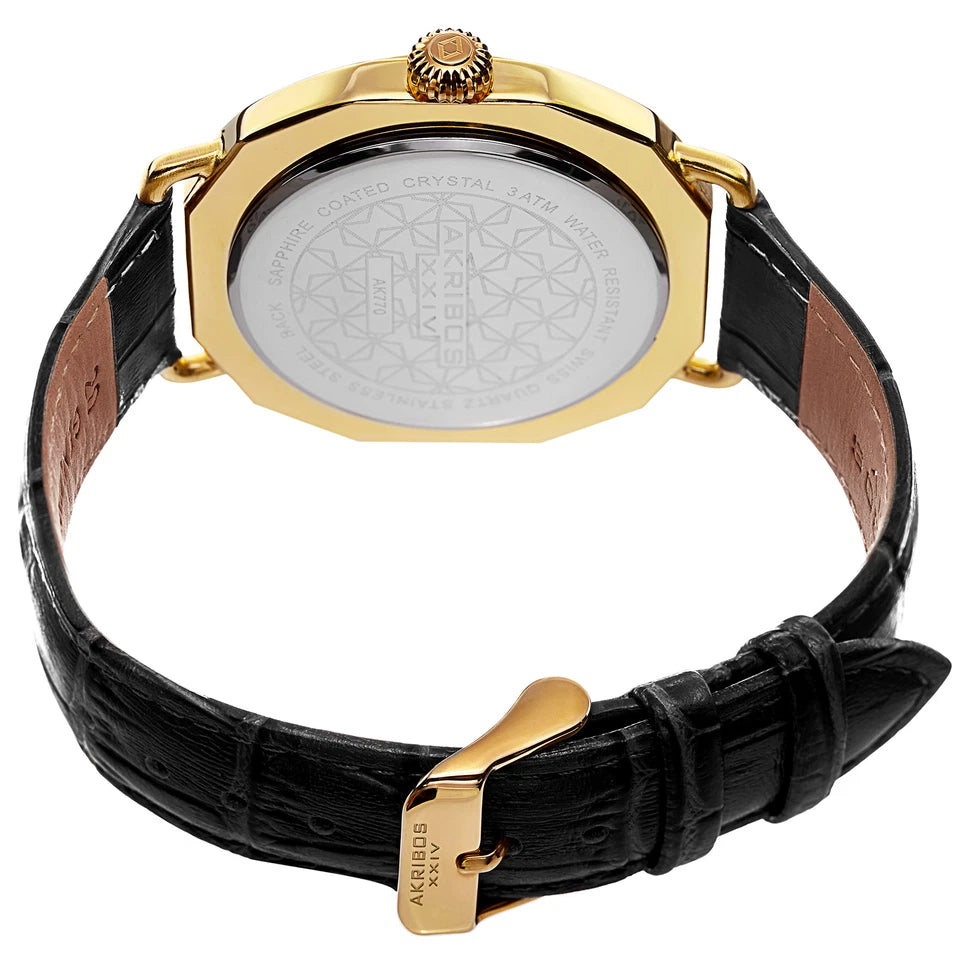 Akribos XXIV Yellow Gold Flashed Alloy Case on Black Strap, Black Dial with Gold Tone Hands