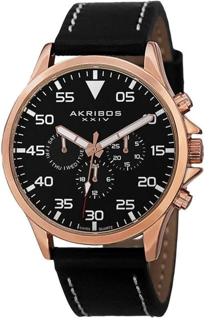 Akribos XXIV Rose Gold Ion Plated Alloy Case on Black with Cream Stitching Strap, Black Dial with White Hands