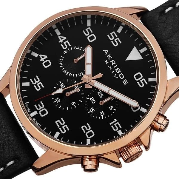 Akribos XXIV Rose Gold Ion Plated Alloy Case on Black with Cream Stitching Strap, Black Dial with White Hands