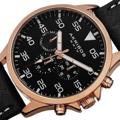 Akribos XXIV Rose Gold Ion Plated Alloy Case on Black with Cream Stitching Strap, Black Dial with White Hands