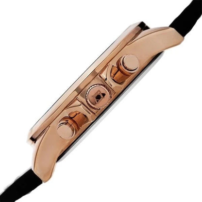 Akribos XXIV Rose Gold Ion Plated Alloy Case on Black with Cream Stitching Strap, Black Dial with White Hands