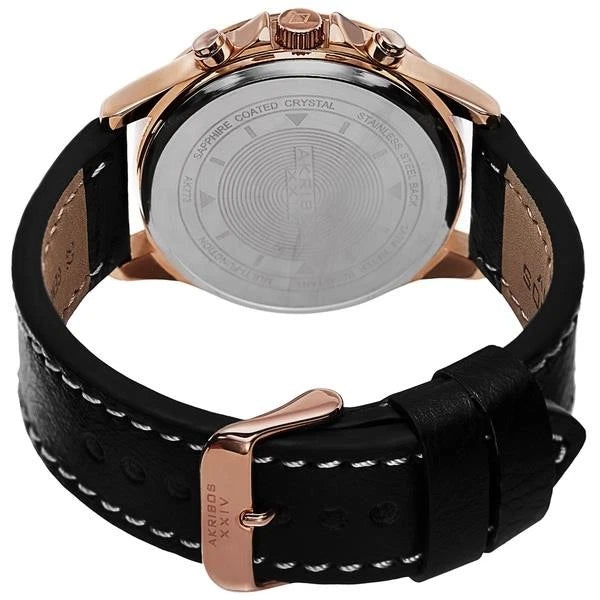 Akribos XXIV Rose Gold Ion Plated Alloy Case on Black with Cream Stitching Strap, Black Dial with White Hands