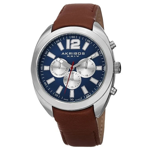 Akribos XXIV Silver Flashed Alloy Case on Cognac Strap, Blue Dial with Silver Tone Hands