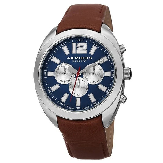 Akribos XXIV Silver Flashed Alloy Case on Cognac Strap, Blue Dial with Silver Tone Hands
