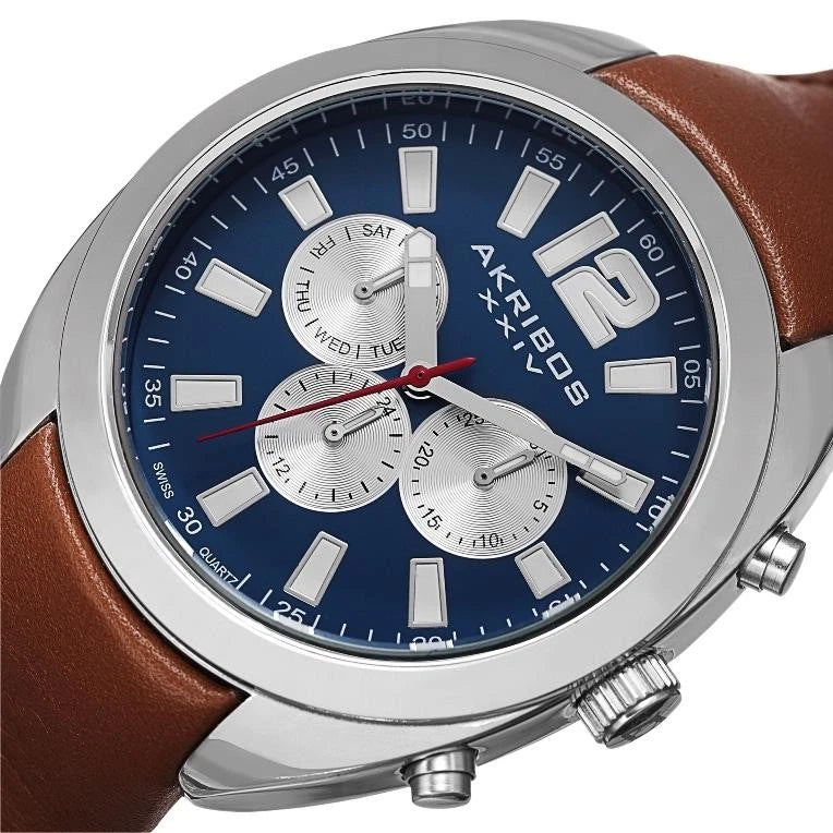 Akribos XXIV Silver Flashed Alloy Case on Cognac Strap, Blue Dial with Silver Tone Hands