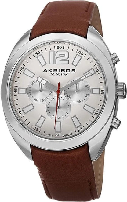 Akribos XXIV Silver Flashed Alloy Case on Cognac Strap, Cream Dial with Silver Tone Hands