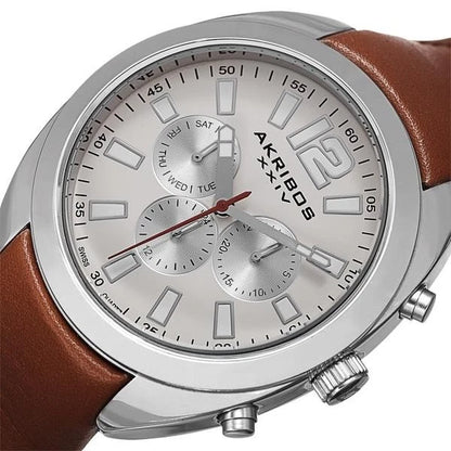 Akribos XXIV Silver Flashed Alloy Case on Cognac Strap, Cream Dial with Silver Tone Hands